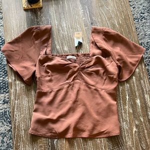 Abercrombie Twist front flutter sleeve top brown, medium, New